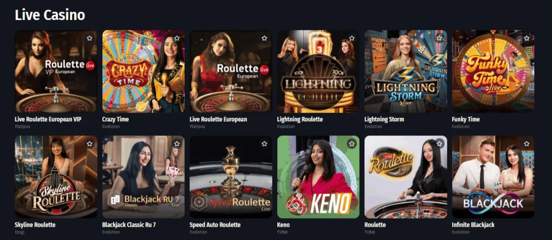 Live Casino Spiele Auswahl